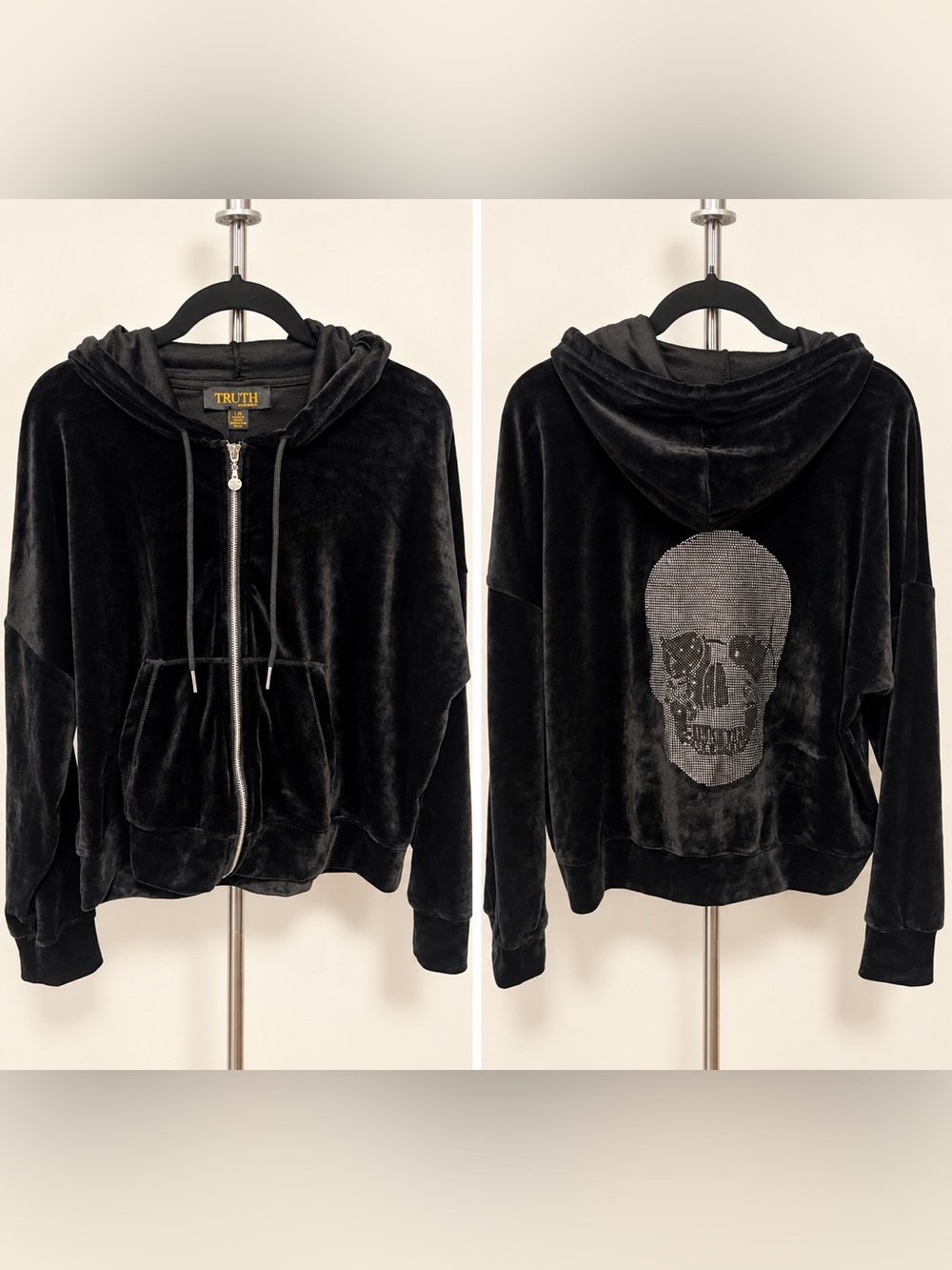 Velvet Zip-Up Hoodie in Black